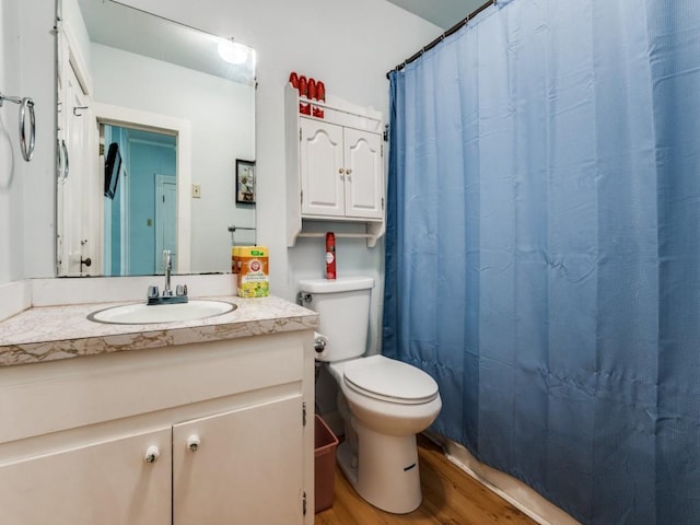 320 S Ward St, Italy, TX 76651 - bathroom with wood finished floors, toilet, vanity, and curtained shower