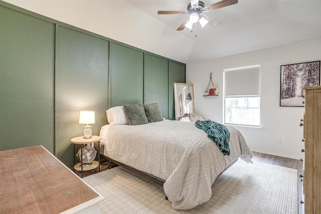 213 NE Timber Ridge Dr, Burleson, TX 76028 - bedroom with vaulted ceiling, wood finished floors, a closet, baseboards, and a ceiling fan