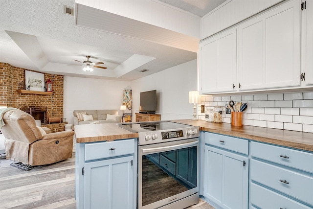 213 NE Timber Ridge Dr, Burleson, TX 76028 - kitchen with stainless steel electric range, blue cabinets, a peninsula, open floor plan, and a textured ceiling