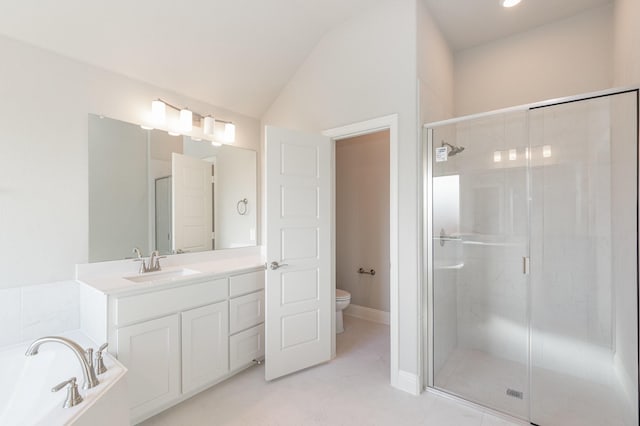 620 Alaina Dr, Desoto, TX 75115 - bathroom with a shower stall, toilet, vanity, a garden tub, and lofted ceiling
