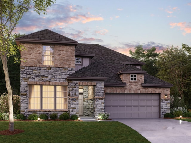 3920 Whisperwood Rd, Denton, TX 76210 - view of front facade featuring driveway, stone siding, a yard, and a garage