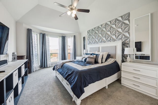 3120 Pioneer Path, Little Elm, TX 75068 - bedroom with carpet, vaulted ceiling, and ceiling fan