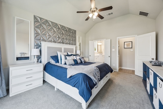 3120 Pioneer Path, Little Elm, TX 75068 - carpeted bedroom with lofted ceiling, connected bathroom, and a ceiling fan