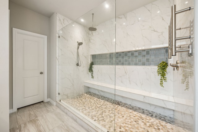 3120 Pioneer Path, Little Elm, TX 75068 - full bath with a marble finish shower, marble finish flooring, radiator, and recessed lighting