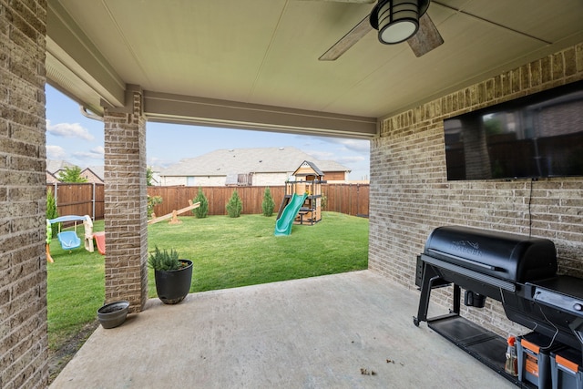 3120 Pioneer Path, Little Elm, TX 75068 - view of patio / terrace with a playground, grilling area, and a ceiling fan
