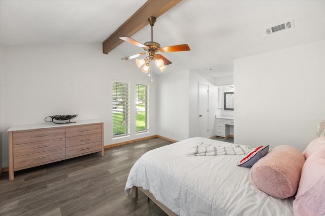 2000 Stacey Ct, Arlington, TX 76013 - bedroom with dark wood-style flooring, baseboards, a ceiling fan, and connected bathroom