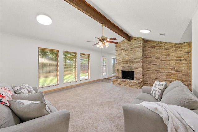 2000 Stacey Ct, Arlington, TX 76013 - living room with ceiling fan, carpet, a fireplace, brick wall, and baseboards