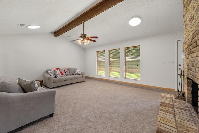 2000 Stacey Ct, Arlington, TX 76013 - carpeted living area with ceiling fan, a brick fireplace, baseboards, and a textured ceiling