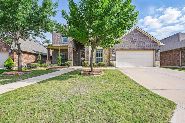 6824 San Fernando Dr, Fort Worth, TX 76131 - view of front of property with concrete driveway, an attached garage, a front yard, and brick siding