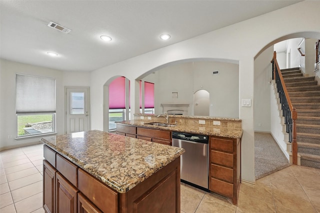 6824 San Fernando Dr, Fort Worth, TX 76131 - kitchen with dishwasher, a sink, a kitchen island, light stone counters, and light tile patterned flooring