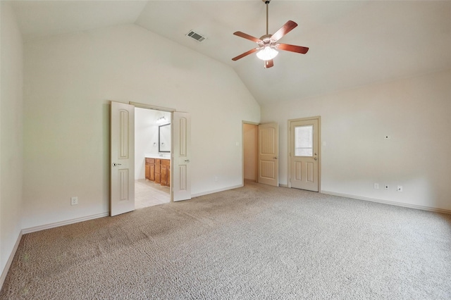 6824 San Fernando Dr, Fort Worth, TX 76131 - unfurnished bedroom featuring high vaulted ceiling, light colored carpet, ensuite bath, baseboards, and ceiling fan