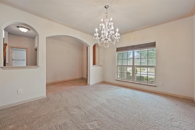 6824 San Fernando Dr, Fort Worth, TX 76131 - carpeted empty room featuring crown molding, arched walkways, a chandelier, and baseboards