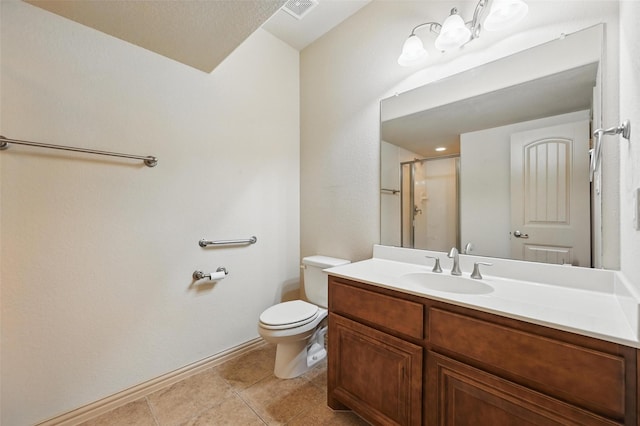 6824 San Fernando Dr, Fort Worth, TX 76131 - full bathroom featuring a shower with shower door, toilet, vanity, baseboards, and tile patterned floors