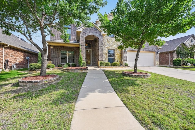 6824 San Fernando Dr, Fort Worth, TX 76131 - traditional home featuring concrete driveway, a front lawn, an attached garage, and brick siding