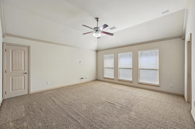 6824 San Fernando Dr, Fort Worth, TX 76131 - unfurnished room with lofted ceiling, a ceiling fan, carpet, ornamental molding, and baseboards