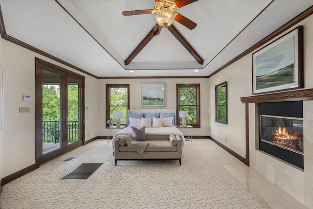6908 Ridgewood Dr, Fort Worth, TX 76132 - living area featuring light carpet, a ceiling fan, a fireplace with flush hearth, baseboards, and recessed lighting