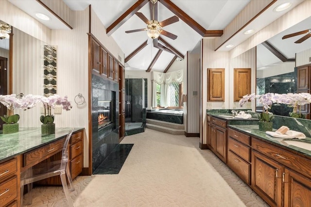 6908 Ridgewood Dr, Fort Worth, TX 76132 - full bathroom featuring ceiling fan, vanity, a bath, and a shower