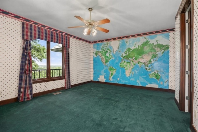 6908 Ridgewood Dr, Fort Worth, TX 76132 - carpeted empty room featuring wallpapered walls, a ceiling fan, and baseboards