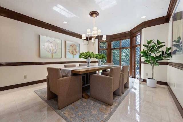6908 Ridgewood Dr, Fort Worth, TX 76132 - dining space with a chandelier, baseboards, ornamental molding, and recessed lighting