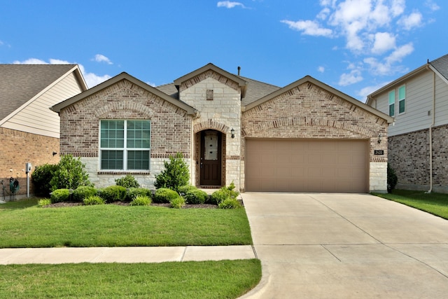 2420 Rooster Ln, Northlake, TX 76247 - french country home featuring a garage, brick siding, concrete driveway, and a front lawn