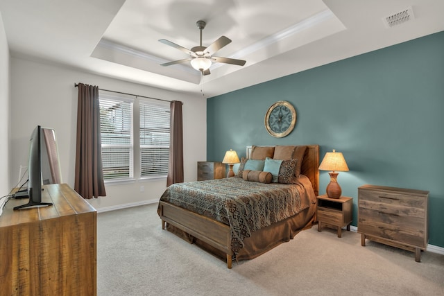2420 Rooster Ln, Northlake, TX 76247 - carpeted bedroom featuring a raised ceiling, ornamental molding, baseboards, and ceiling fan