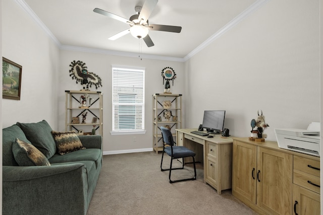 2420 Rooster Ln, Northlake, TX 76247 - office area featuring ornamental molding, ceiling fan, light colored carpet, and baseboards