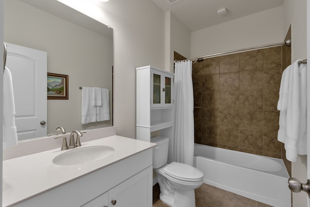 2420 Rooster Ln, Northlake, TX 76247 - bathroom with tile patterned floors, toilet, vanity, and shower / bath combo with shower curtain