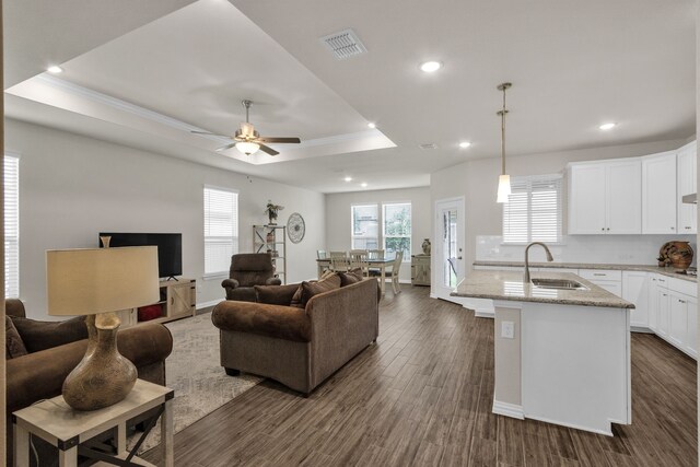 2420 Rooster Ln, Northlake, TX 76247 - living room featuring dark wood-type flooring, a tray ceiling, recessed lighting, a ceiling fan, and plenty of natural light