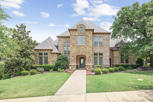 french provincial home featuring stone siding, a front yard, roof with shingles, and brick siding