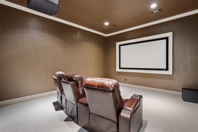 carpeted cinema featuring recessed lighting, baseboards, and crown molding