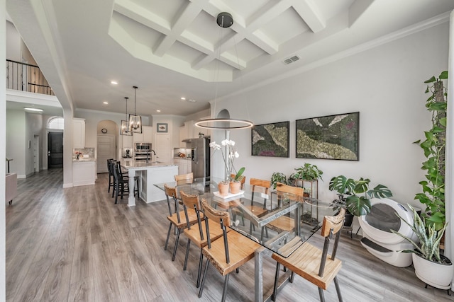 233 Honey Brook Ln, Aledo, TX 76008 - dining room featuring coffered ceiling, a chandelier, beamed ceiling, recessed lighting, and a high ceiling