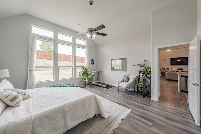 233 Honey Brook Ln, Aledo, TX 76008 - bedroom featuring high vaulted ceiling, wood finished floors, baseboards, and ceiling fan