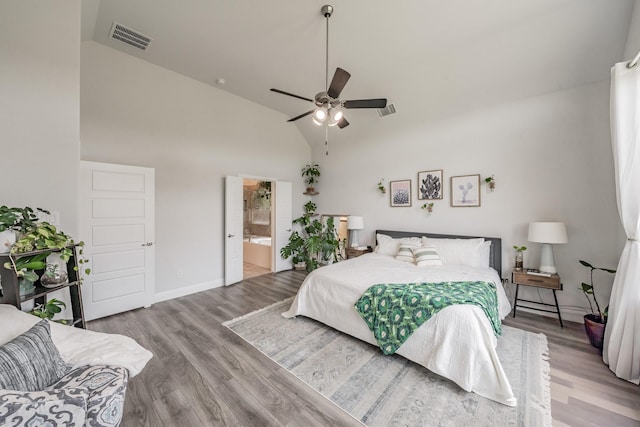 233 Honey Brook Ln, Aledo, TX 76008 - bedroom with wood finished floors, baseboards, high vaulted ceiling, ceiling fan, and ensuite bathroom