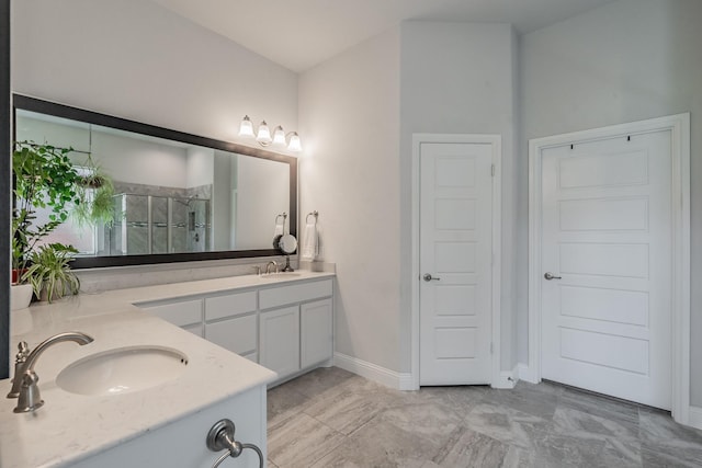 233 Honey Brook Ln, Aledo, TX 76008 - full bath featuring a shower stall, double vanity, baseboards, and marble finish flooring