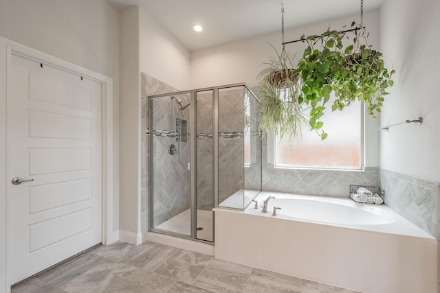 233 Honey Brook Ln, Aledo, TX 76008 - full bathroom featuring a shower stall, a bath, marble finish floors, and recessed lighting