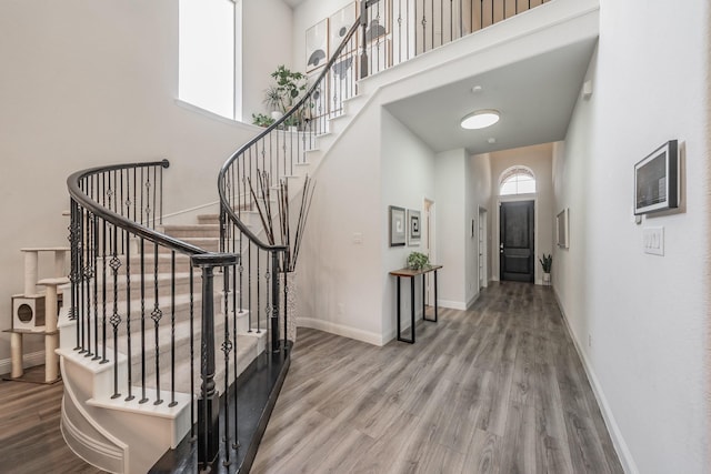 233 Honey Brook Ln, Aledo, TX 76008 - stairway with wood finished floors, a towering ceiling, and baseboards