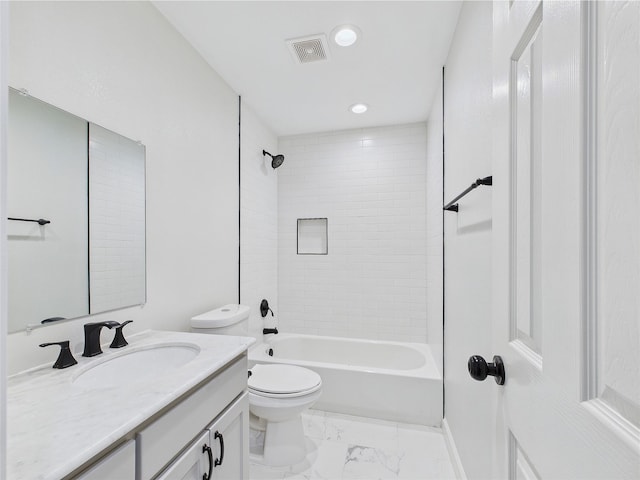 7323 Whispering Pines Dr, Dallas, TX 75248 - full bathroom featuring vanity, marble finish flooring, toilet, bathtub / shower combination, and recessed lighting