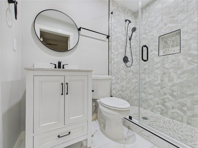 7323 Whispering Pines Dr, Dallas, TX 75248 - full bath with marble finish floors, a shower stall, vanity, and toilet
