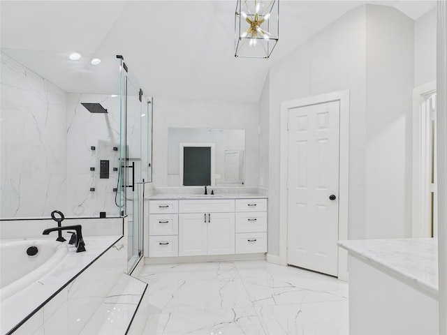 7323 Whispering Pines Dr, Dallas, TX 75248 - bathroom with a marble finish shower, vanity, a garden tub, lofted ceiling, and marble finish floors