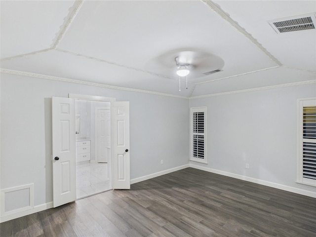 7323 Whispering Pines Dr, Dallas, TX 75248 - spare room with dark wood-style floors, a ceiling fan, vaulted ceiling, baseboards, and ornamental molding