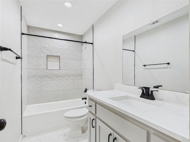 7323 Whispering Pines Dr, Dallas, TX 75248 - bathroom featuring marble look tile flooring, vanity, washtub / shower combination, toilet, and recessed lighting
