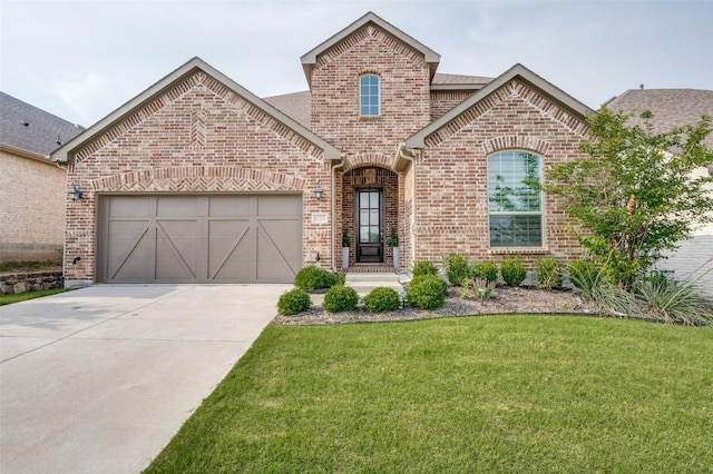 624 Cedarwood St, Little Elm, TX 76227 - french country inspired facade featuring brick siding, concrete driveway, a front lawn, a garage, and a shingled roof