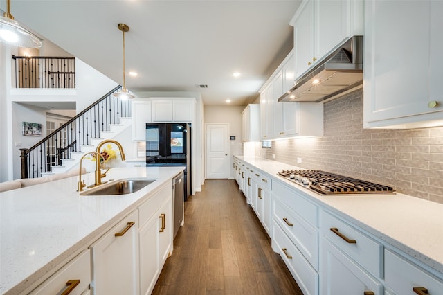 624 Cedarwood St, Little Elm, TX 76227 - kitchen with under cabinet range hood, appliances with stainless steel finishes, a sink, dark wood finished floors, and hanging light fixtures