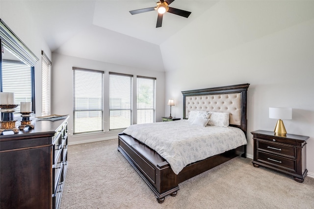 624 Cedarwood St, Little Elm, TX 76227 - bedroom featuring light carpet, baseboards, lofted ceiling, and a ceiling fan