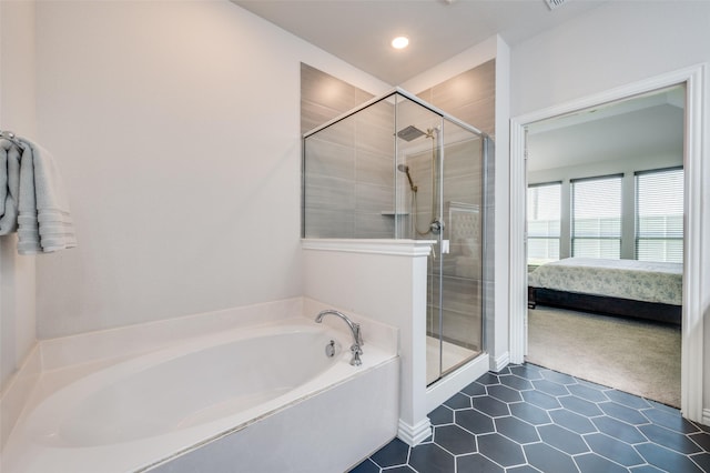 624 Cedarwood St, Little Elm, TX 76227 - ensuite bathroom with a shower stall, a bath, tile patterned floors, and recessed lighting