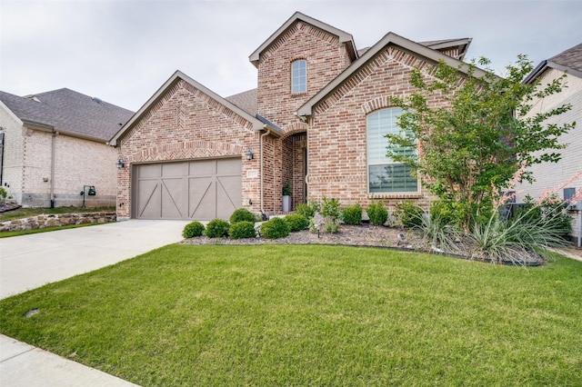 624 Cedarwood St, Little Elm, TX 76227 - french country inspired facade with brick siding, a garage, driveway, and a front yard