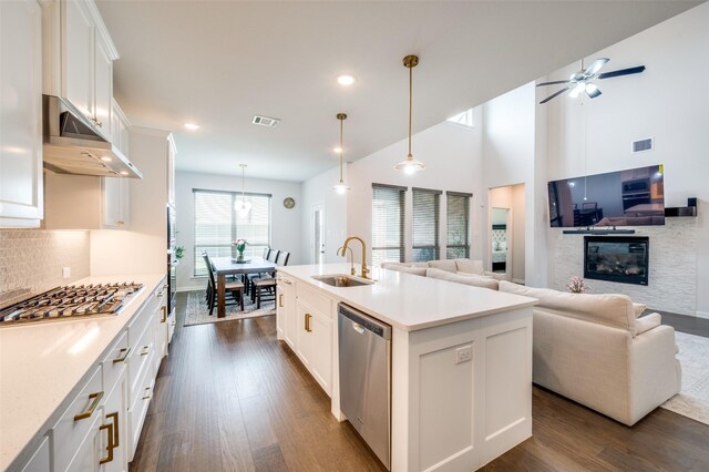 624 Cedarwood St, Little Elm, TX 76227 - kitchen featuring stainless steel appliances, a sink, exhaust hood, open floor plan, and recessed lighting