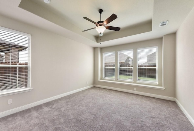 unfurnished room with a tray ceiling, healthy amount of natural light, carpet flooring, and a ceiling fan