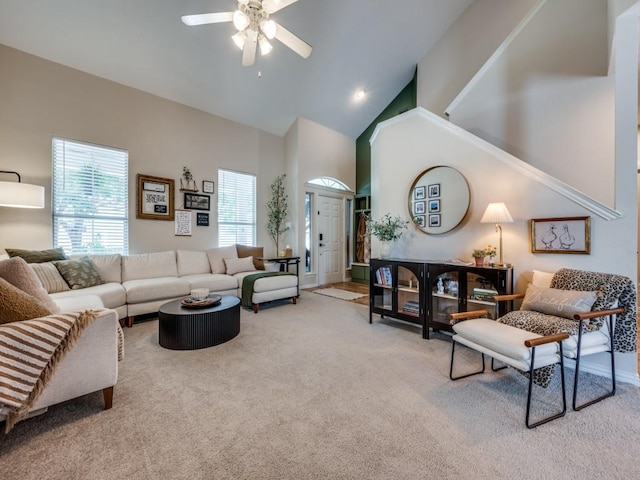 976 Fox Grove Ln, Providence Village, TX 76227 - living room featuring carpet, ceiling fan, healthy amount of natural light, high vaulted ceiling, and baseboards