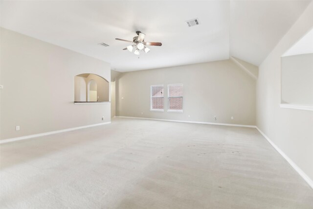 5900 Pansy Rd, Fort Worth, TX 76123 - empty room featuring carpet floors, ceiling fan, baseboards, and vaulted ceiling
